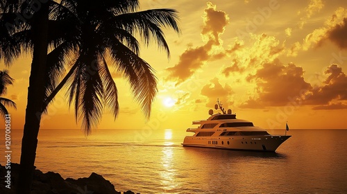 Luxury yacht sailing towards a vibrant sunset in a tropical paradise, palm trees silhouette