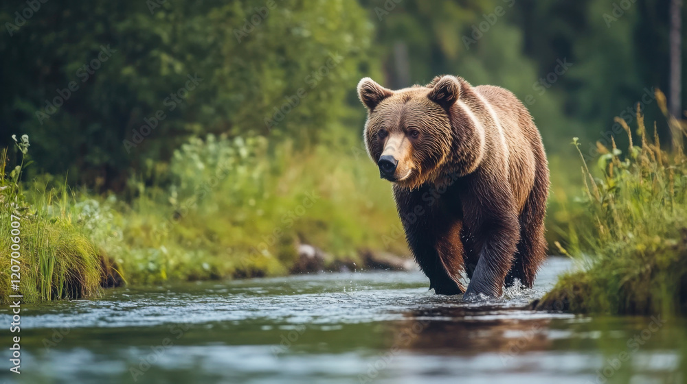 Brown bear walking through a shallow stream in a lush green forest, showcasing the beauty of wildlife in its natural habitat Brown bear walking through a shallow stream in a lush green forest, showcasing the beauty of wildlife in its natural habitat