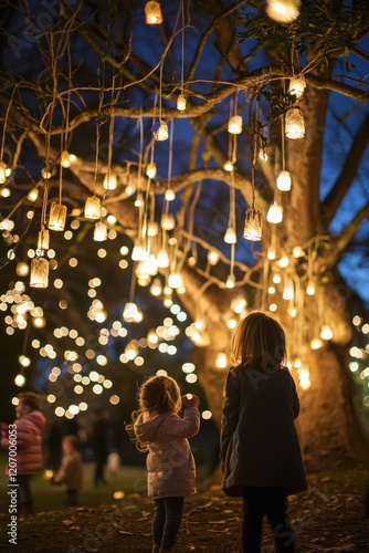 A family exploring the Lantern Festival, children laughing as they look at lanterns