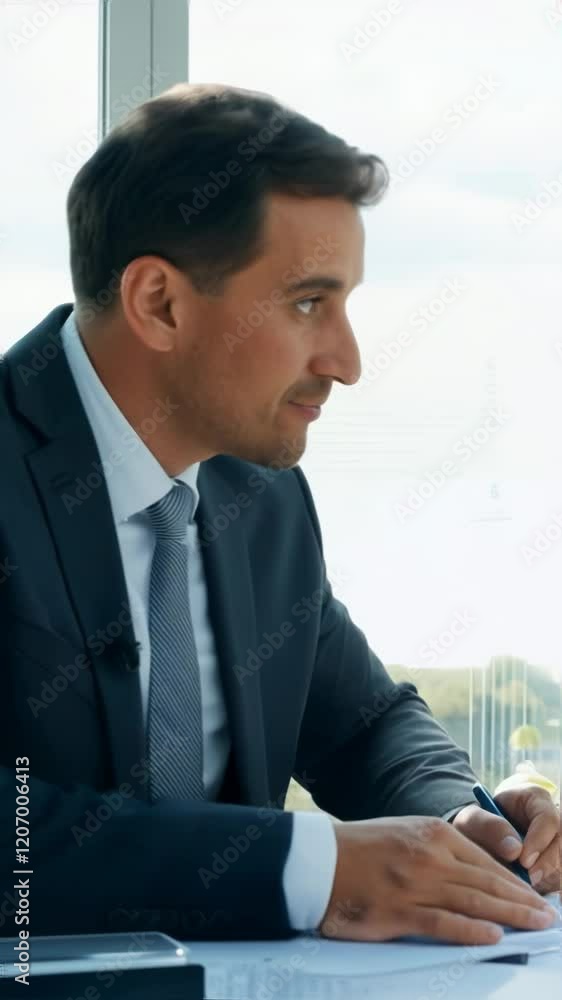 A businessman reading documents at a desk in a bright office, highlighting professionalism and determination. The scene exudes a modern and clean aesthetic. A businessman reading documents at a desk in a bright office, highlighting professionalism and determination. The scene exudes a modern and clean aesthetic.