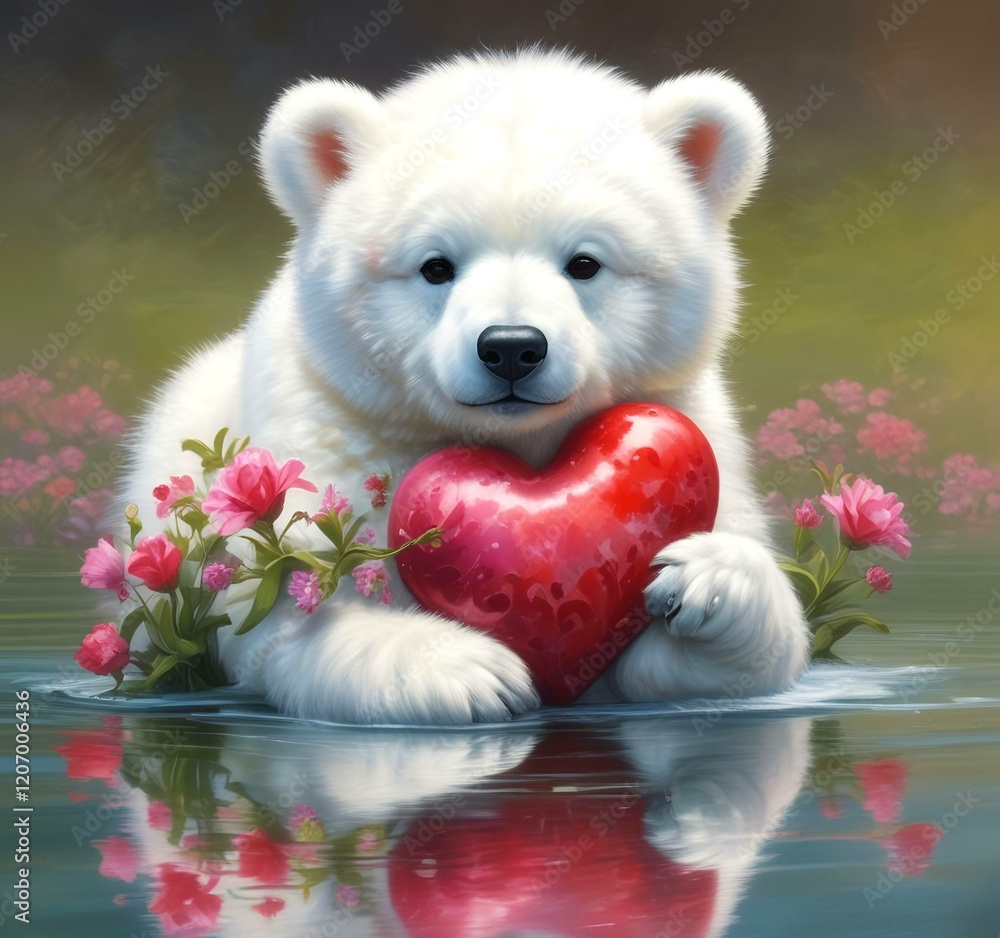 Fototapeta premium Illustration of fluffy bear with red heart.