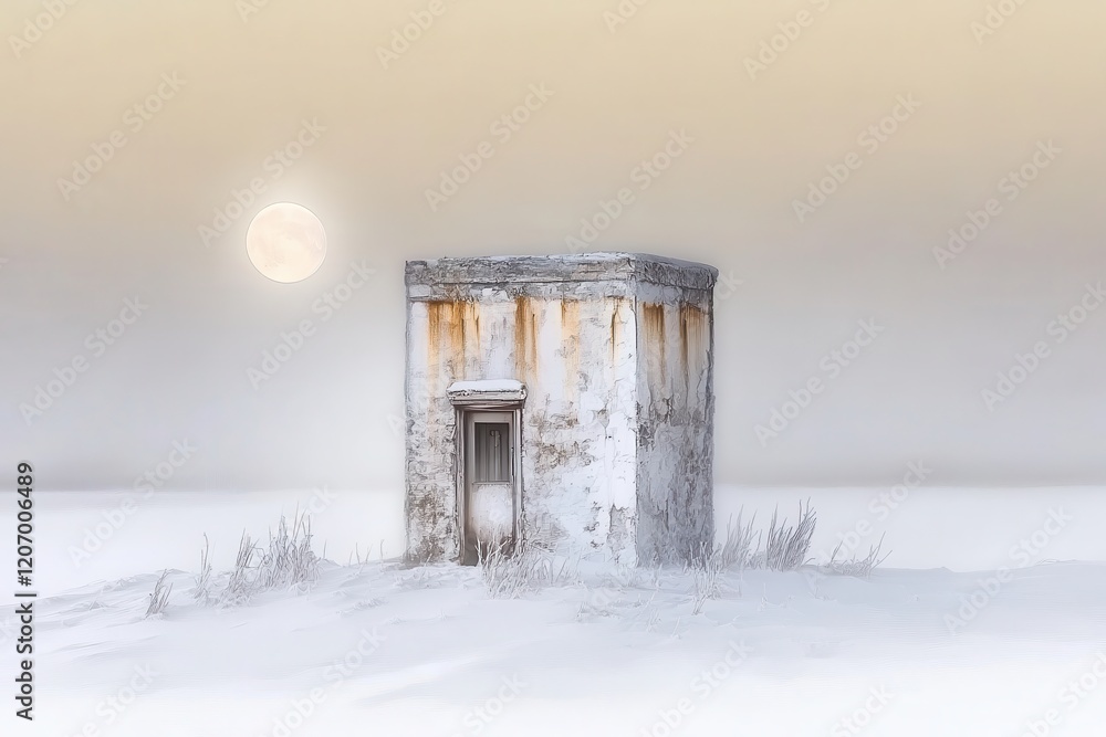 Isolated Structure in Snowy Landscape Under Soft Moonlight, Evoking Tranquility and Solitude with a Muted Color Palette for Atmospheric Imagery Isolated Structure in Snowy Landscape Under Soft Moonlight, Evoking Tranquility and Solitude with a Muted Color Palette for Atmospheric Imagery
