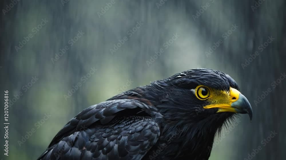 Powerful black eagle staring in the rain, detailed portrait. Wildlife photography and nature concept Powerful black eagle staring in the rain, detailed portrait. Wildlife photography and nature concept