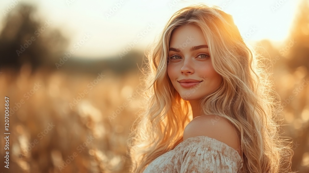 Beautiful Young Woman with Long Hair Smiling and Looking at Camera in Golden Wheat Field During Sunset, Capturing the Essence of Summer and Natural Beauty Beautiful Young Woman with Long Hair Smiling and Looking at Camera in Golden Wheat Field During Sunset, Capturing the Essence of Summer and Natural Beauty