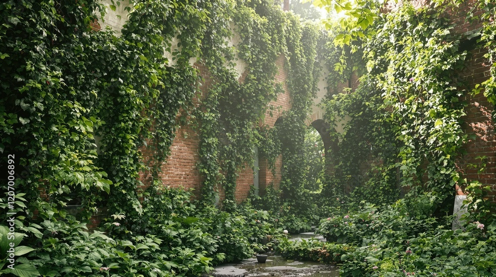 An overgrown urban garden surrounded by crumbling brick walls and vines, urban decay, city life