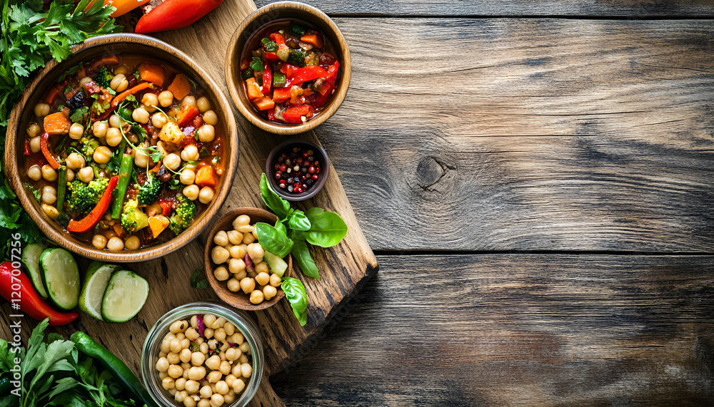 Homemade spicy vegetarian stew with chickpeas and vegetables over rustic wooden background with copy space - healthy vegetarian food Homemade spicy vegetarian stew with chickpeas and vegetables over rustic wooden background with copy space - healthy vegetarian food