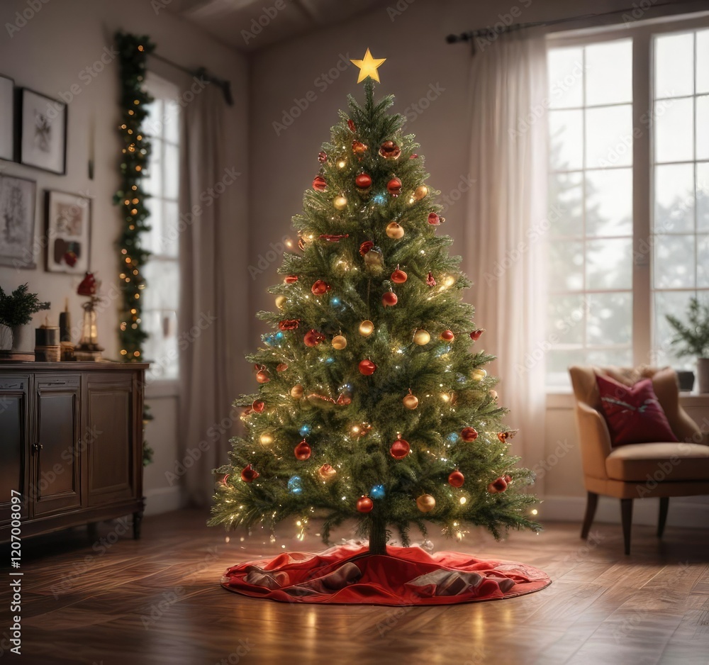 Artificial Christmas tree lit up with festive colors and lights, colorful displays, artificial christmas tree, shining lights Artificial Christmas tree lit up with festive colors and lights, colorful displays, artificial christmas tree, shining lights