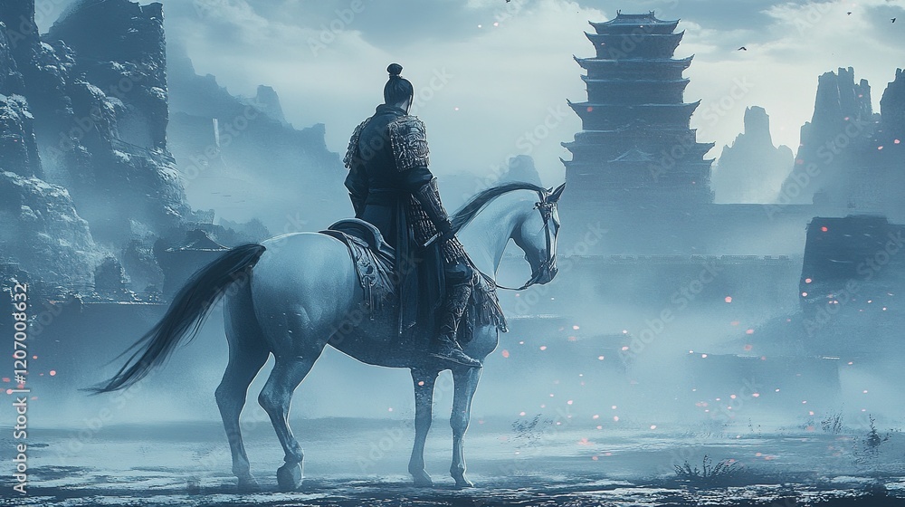 Naklejka premium Ethereal Chinese Ink Illustration: Elegant Knight in Misty Blue Dawn Landscape. Abstract Marketing Background with Refined Watercolor Aesthetics. High-End 8K Design for Posters, Banners, and Digital M