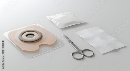 Stoma Care Kit, Adhesive Baseplate, Skin Barrier Wipe, Stoma Scissors, Ostomy Care Essentials, Medical Hygiene Illustration
