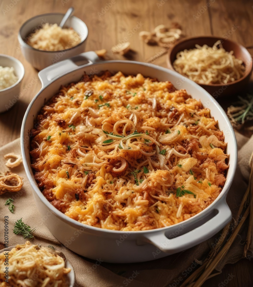 Baked rice casserole topped with crispy onions, valencian dish, savory rice Baked rice casserole topped with crispy onions, valencian dish, savory rice