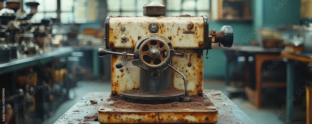 Fototapeta premium Vintage Rusty Coffee Machine in an Industrial Workshop with Retro Style