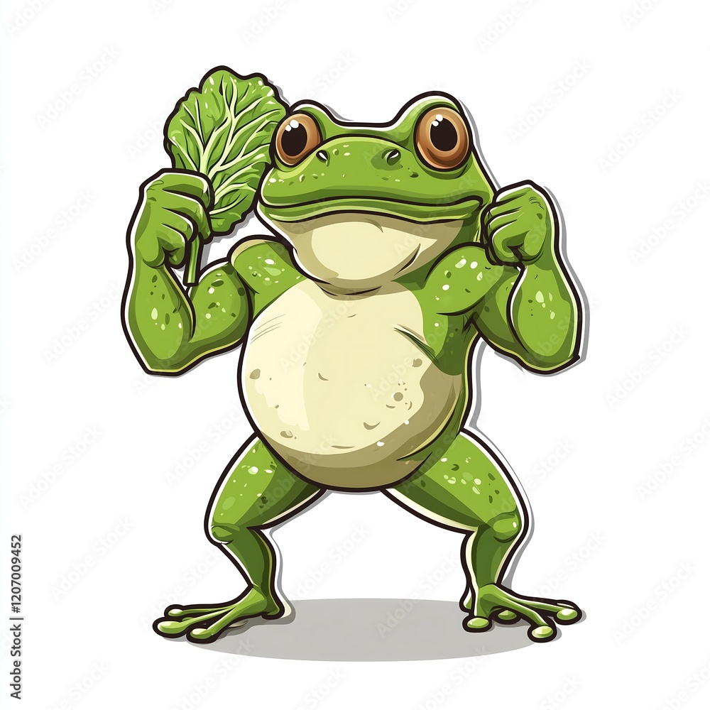 Obraz premium Confident green frog cartoon sticker holding lettuce vegetable leaves showing off muscular arms symbolizing the power of eating healthy, vegetarian, vegan promote, white background 