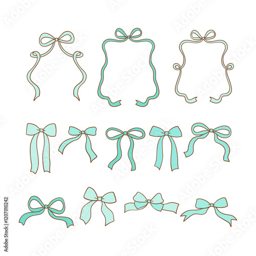 Draw vector illustration collection teal coquette bow Green ribbon frame Doodle style