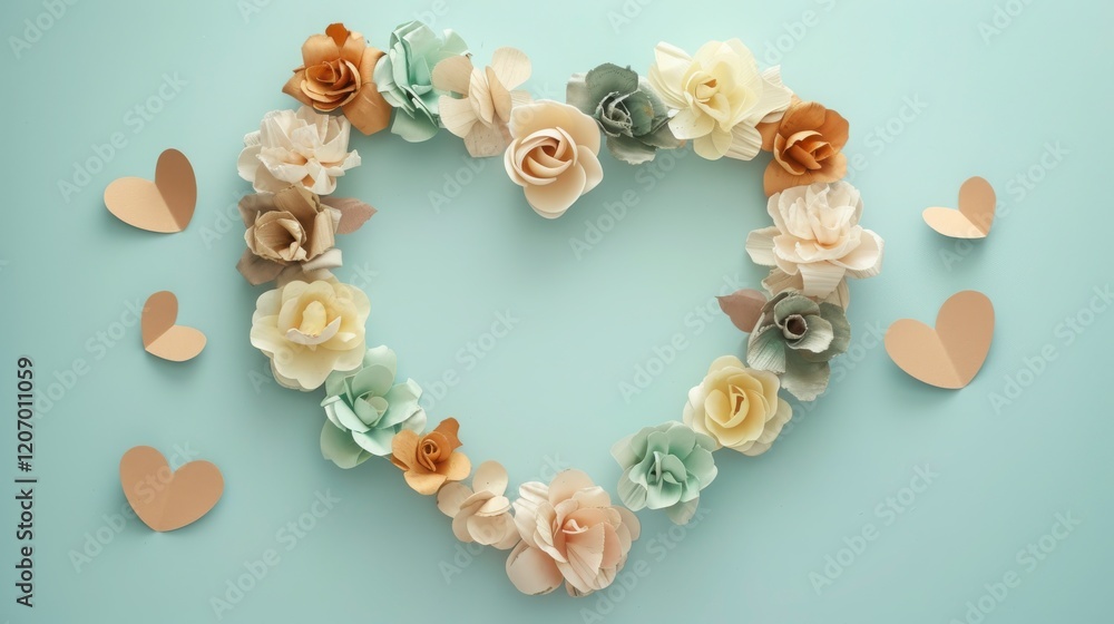 Heart Shape Made of Paper Flowers with Paper Hearts on Light Blue Background Heart Shape Made of Paper Flowers with Paper Hearts on Light Blue Background