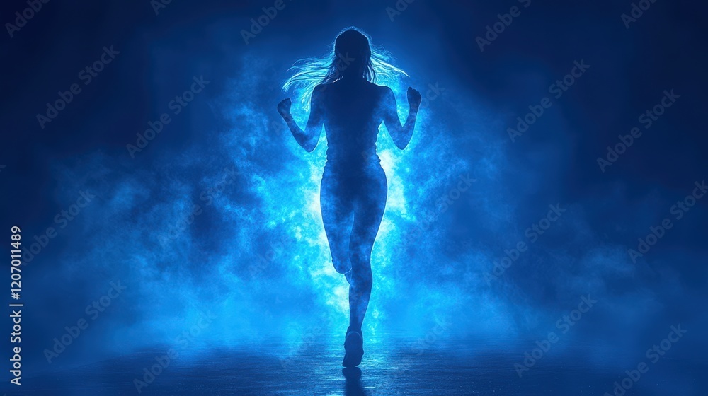 Ethereal Silhouette of a Woman Running Through a Vibrant Blue Mist with a Mysterious Glow in an Inspiring and Dreamlike Landscape Ethereal Silhouette of a Woman Running Through a Vibrant Blue Mist with a Mysterious Glow in an Inspiring and Dreamlike Landscape