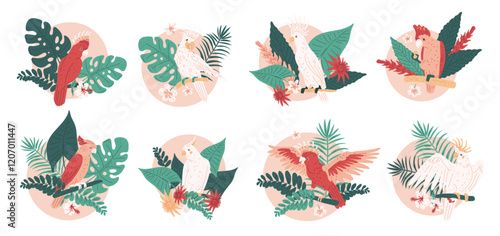 Vector illustration of a set of isolated icons with bright cockatoo parrots and tropical leaves.