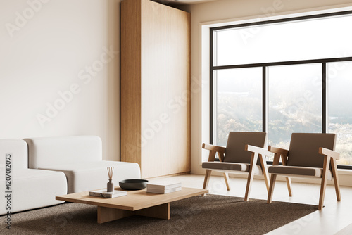 Wallpaper Mural Modern minimalist living room with beige tones, wooden furniture, and large windows overlooking a scenic view. 3D Rendering Torontodigital.ca