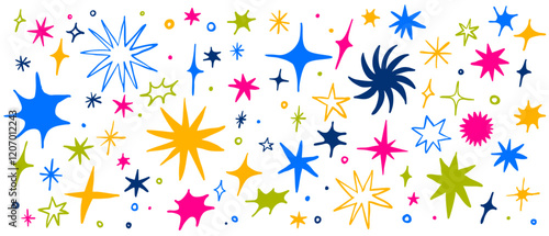 Colorful set of hand drawn vector stars and sparkles, doodle style
