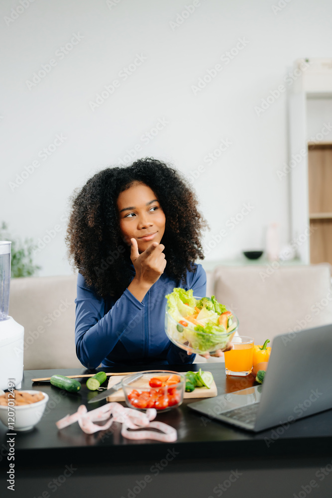 Smiling woman in a modern kitchen with fresh fruits, vegetables, blender, and orange juice, promoting clean Smiling woman in a modern kitchen with fresh fruits, vegetables, blender, and orange juice, promoting clean