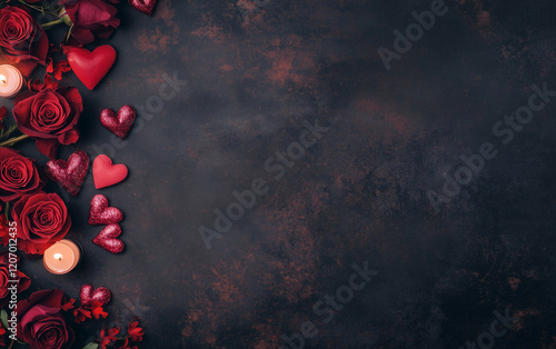 Romantic Red Roses with Candle and Hearts
