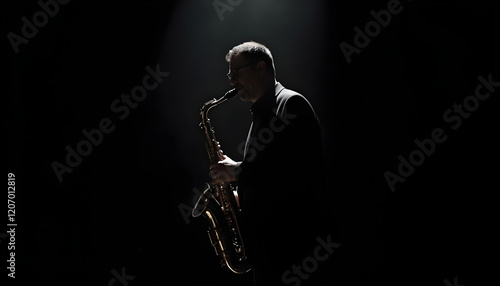 Detalle de hombre músico tocando el saxofón tenor. Escenario con fondo negro