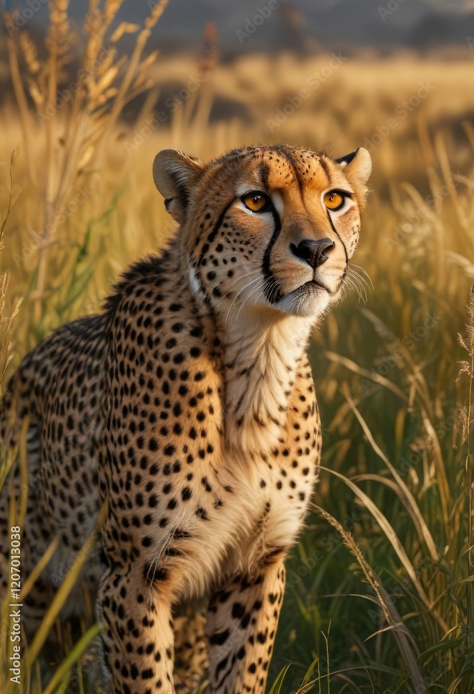 Cheetah crouching to stalk prey in the tall grass, camouflage, tall, hunt Cheetah crouching to stalk prey in the tall grass, camouflage, tall, hunt