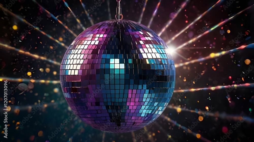 Obraz premium close-up of a shimmering disco ball with multicolored reflections, set against a dark background with scattered light beams.