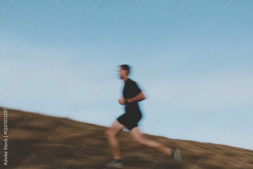 A man is running on a hill with a clear blue sky above him A man is running on a hill with a clear blue sky above him