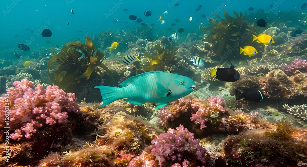 Fototapeta premium vibrant coral reef teeming with life, including a prominent turquoise parrotfish and several other brightly colored fish.