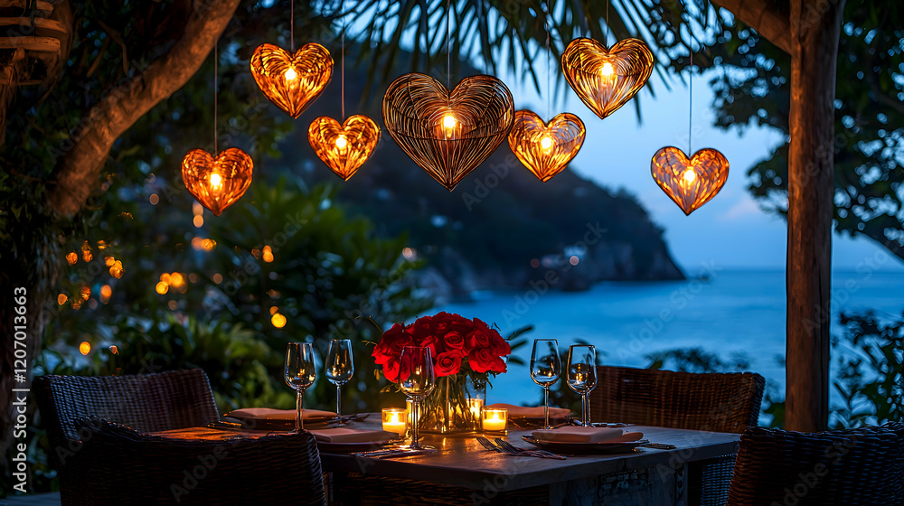 Beneath a glowing string of heart-shaped lanterns, a romantic outdoor patio is set with a table featuring red roses, wine glasses, and flickering candlesin the sky Beneath a glowing string of heart-shaped lanterns, a romantic outdoor patio is set with a table featuring red roses, wine glasses, and flickering candlesin the sky