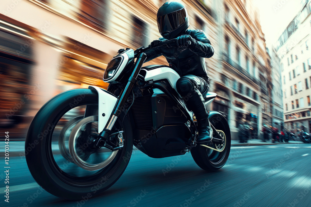 Fototapeta premium Motorcyclist speeds along city street at high speed.