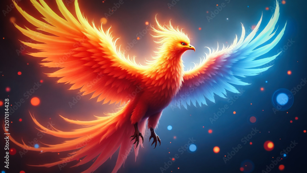 Obraz premium A majestic mythical phoenix with large, fiery wings. Concept of reborn or rising from ashes.