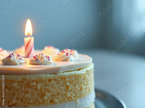 Close-up shot of a single candle on top of a vanilla sponge birthday cake, food, home decor photo