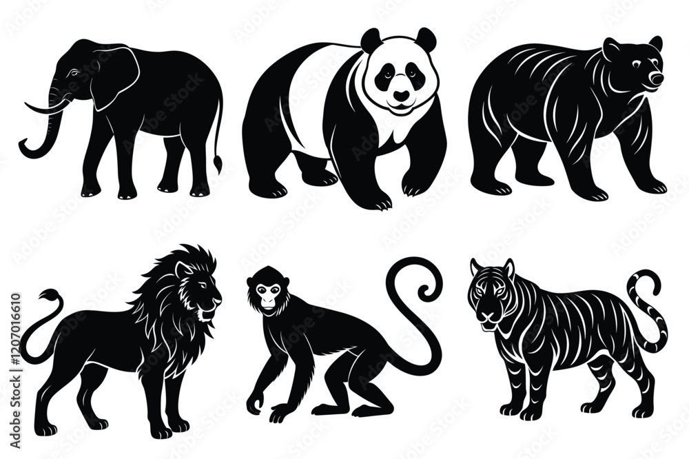 Wildlife animal silhouettes set isolated on white background Wildlife animal silhouettes set isolated on white background