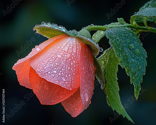 Dew-covered coral flower with green leaves.