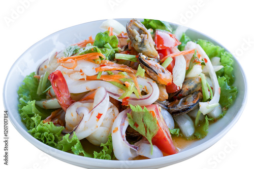 Thai Spicy Seafood Salad on white background with clipping path