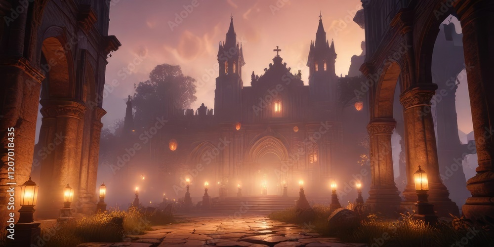 Fototapeta premium Ancient cathedral with glowing lanterns and misty surroundings at sunset, mysterious, sacred