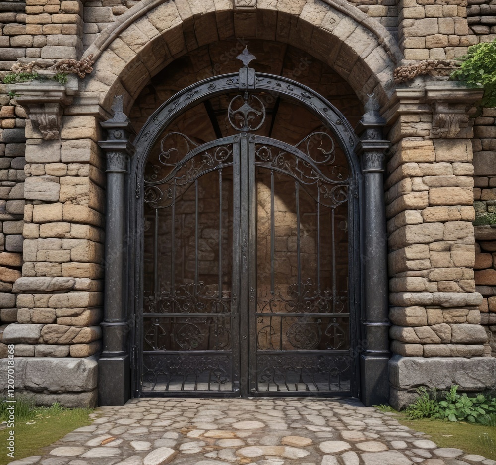 Ancient stone archway with iron gate entrance, landscape, ancient structures Ancient stone archway with iron gate entrance, landscape, ancient structures