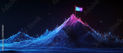 Abstract low-poly mountain with a flag on top, glowing blue and purple lines, and a dark background.