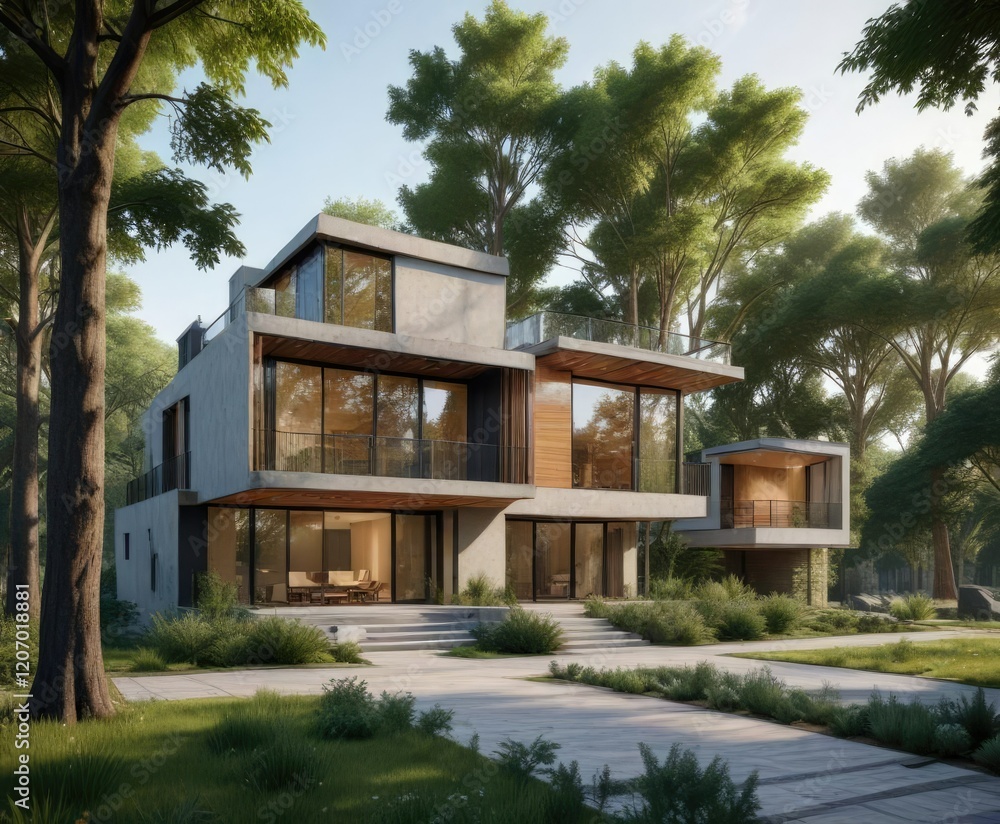 Arafed modern house with tall trees in the front yard, greenery, natural surroundings Arafed modern house with tall trees in the front yard, greenery, natural surroundings