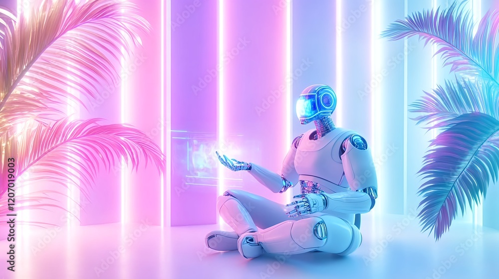 Fototapeta premium meditative robot in neon tropical scene - neon lighting
