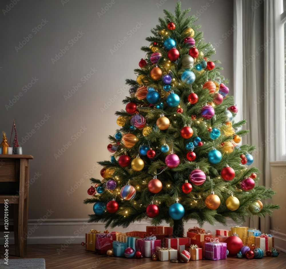 Artificial Christmas tree with colorful balls and streamers, Modern Christmas, Fun and playful atmosphere Artificial Christmas tree with colorful balls and streamers, Modern Christmas, Fun and playful atmosphere