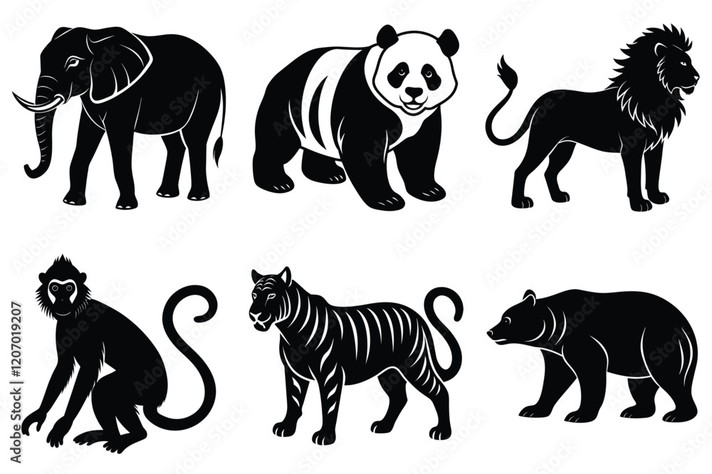 Wildlife animal silhouettes set isolated on white background Wildlife animal silhouettes set isolated on white background