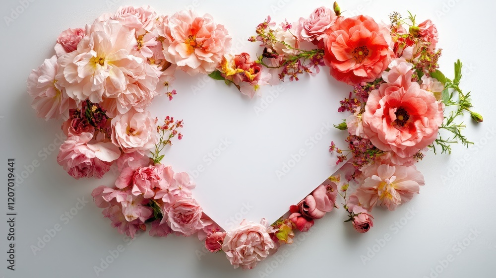 Romantic Heart-Shaped Arrangement of Colorful Fresh Flowers on a White Background for Valentine's Day Celebrations and Love Messages Romantic Heart-Shaped Arrangement of Colorful Fresh Flowers on a White Background for Valentine's Day Celebrations and Love Messages