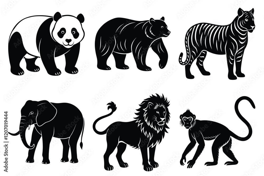 Naklejka premium Wildlife animal silhouettes set isolated on white background