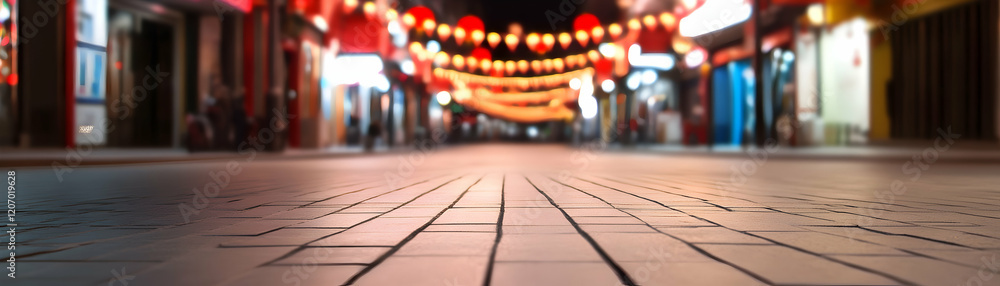 Fototapeta premium A vibrant street scene illuminated by lanterns, showcasing the charm and culture of an evening market in a bustling city.