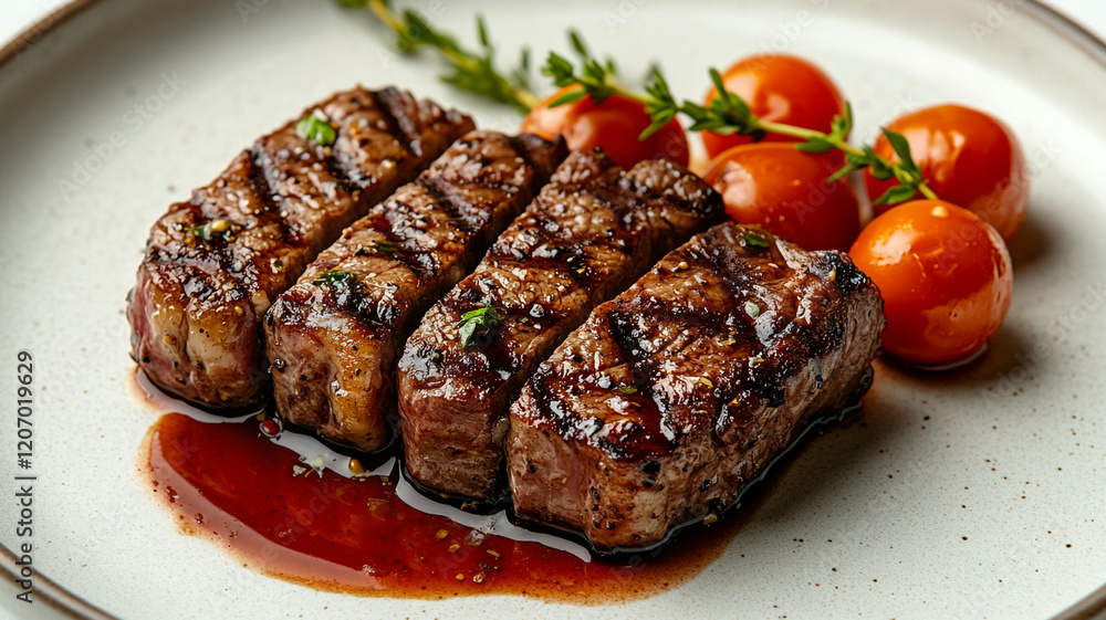 Grilled steak in a plate. Steak and vegetables. Grilled steak in a plate. Steak and vegetables.