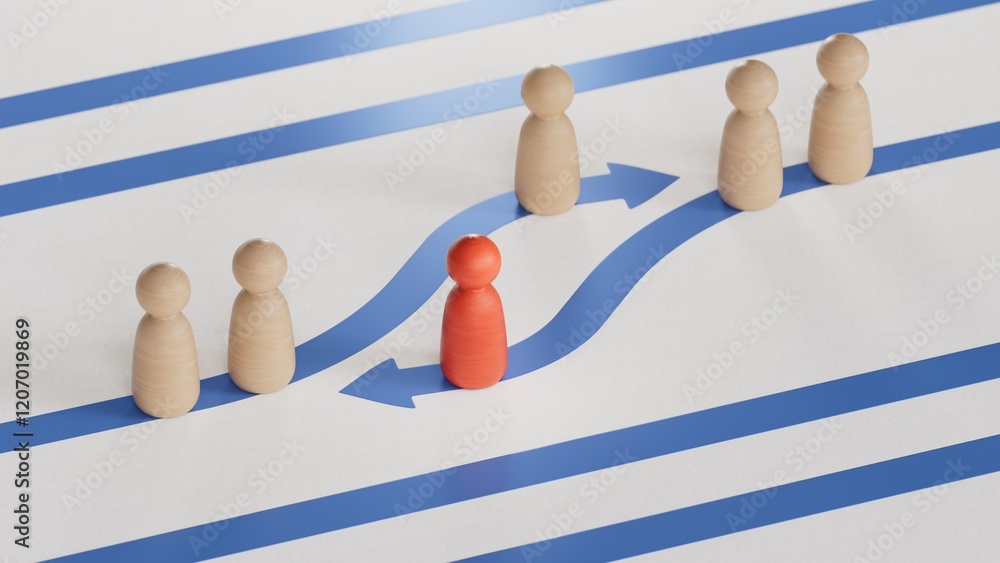 Obraz premium Red and white pawns with golden arrows. Employee swap or turnover concept.Leadership with business success concept.3D rendering on white background.