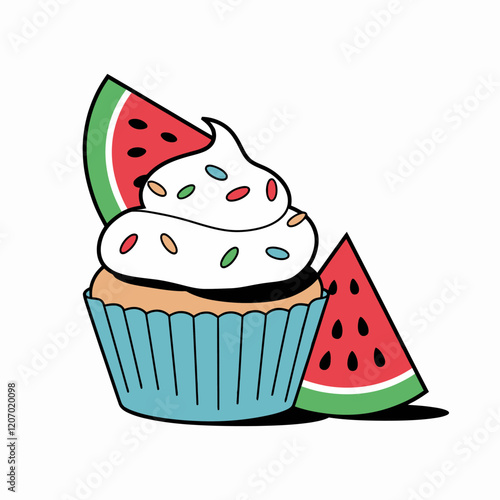 Cupcake with Watermelon Slices and Whipped Cream Illustration