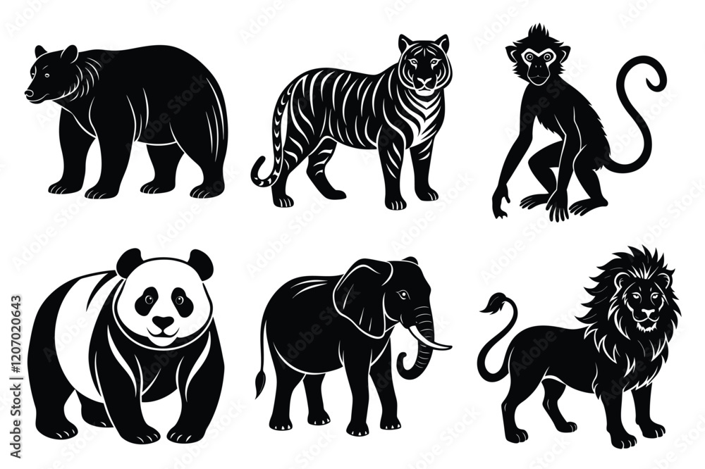 Naklejka premium Wildlife animal silhouettes set isolated on white background